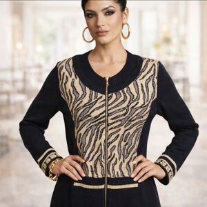 Skovhuus Zip Cardigan Fine Gauge Sweater Knit Black/ Cream Pattern Sz S